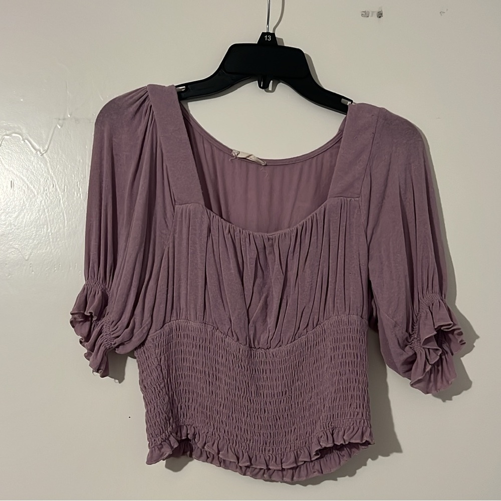 Altar'd State Purple Puff Sleeve Blouse with Smocked Details